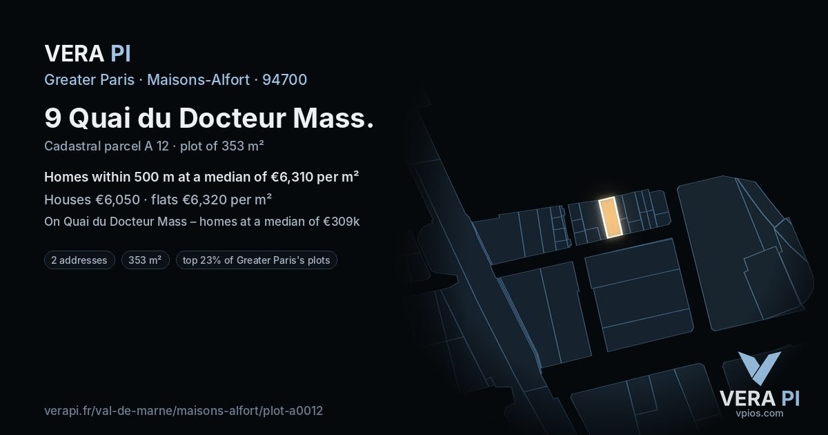 9 Quai du Docteur Mass, Maisons-Alfort at night – the plot lit, the parcels around coloured by the prices near them