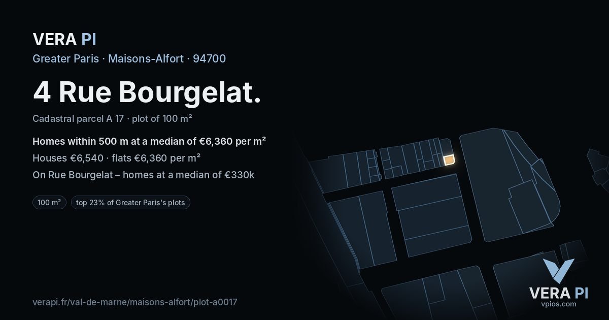 4 Rue Bourgelat, Maisons-Alfort at night – the plot lit, the parcels around coloured by the prices near them