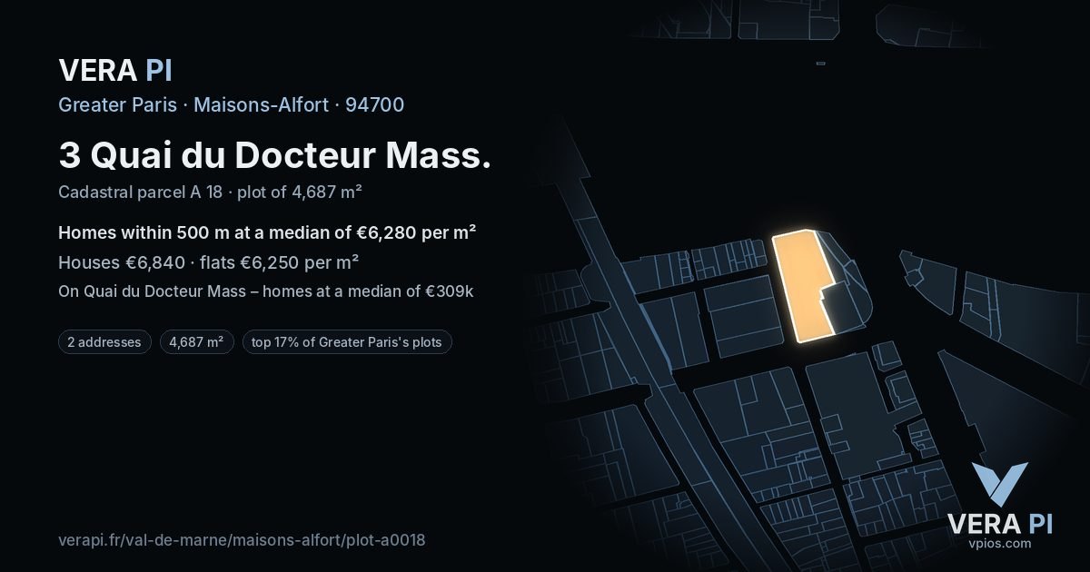 3 Quai du Docteur Mass, Maisons-Alfort at night – the plot lit, the parcels around coloured by the prices near them