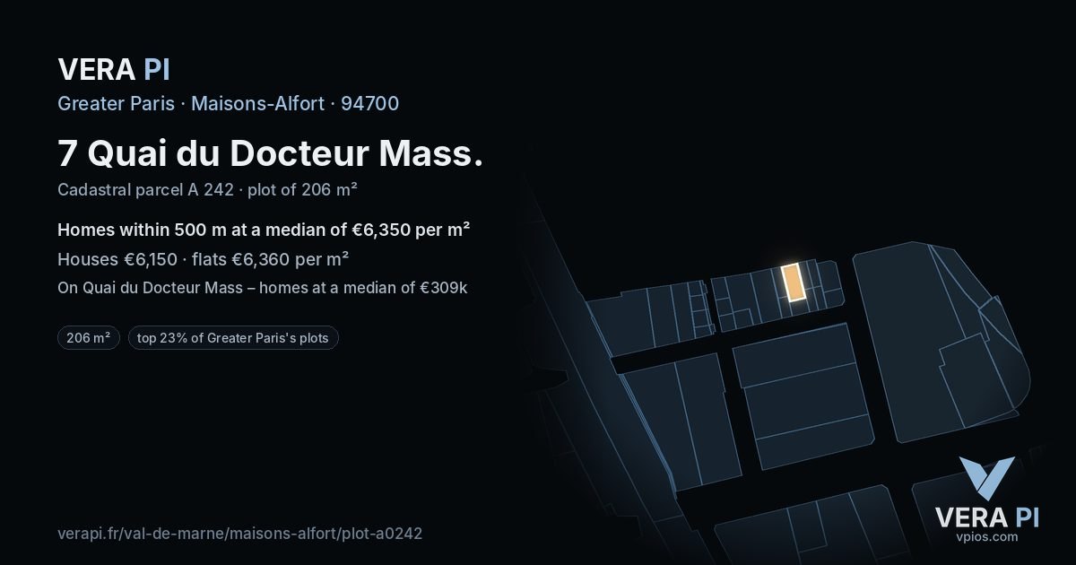 7 Quai du Docteur Mass, Maisons-Alfort at night – the plot lit, the parcels around coloured by the prices near them