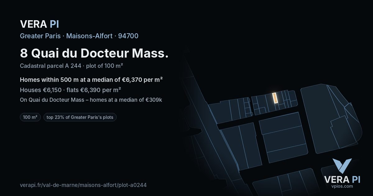 8 Quai du Docteur Mass, Maisons-Alfort at night – the plot lit, the parcels around coloured by the prices near them