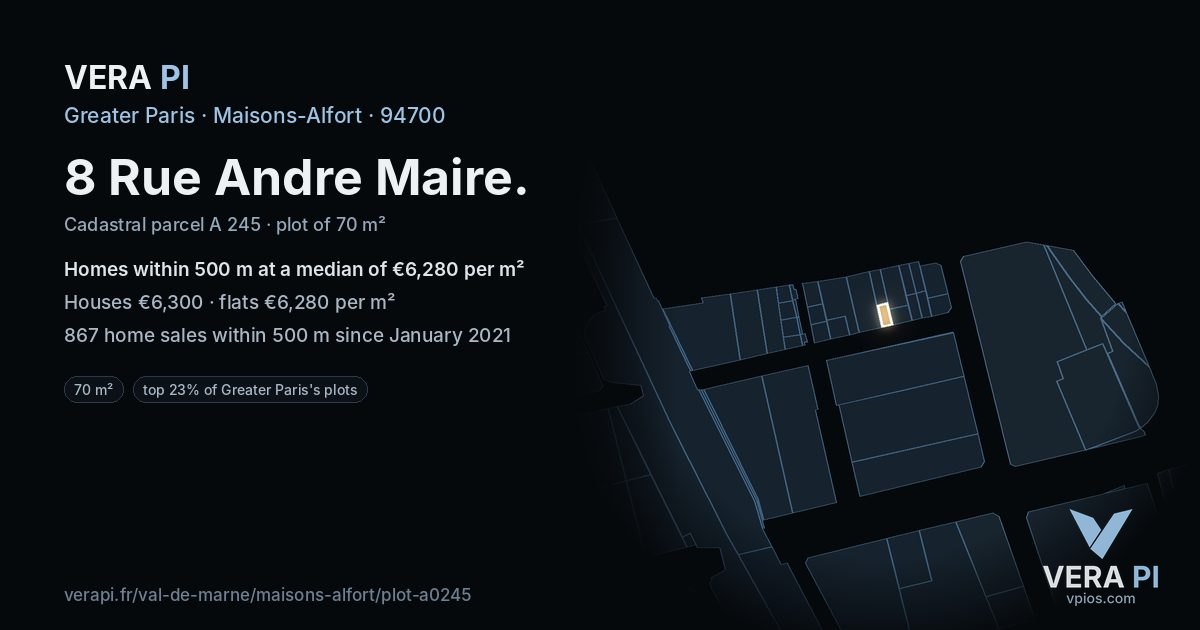 8 Rue Andre Maire, Maisons-Alfort at night – the plot lit, the parcels around coloured by the prices near them