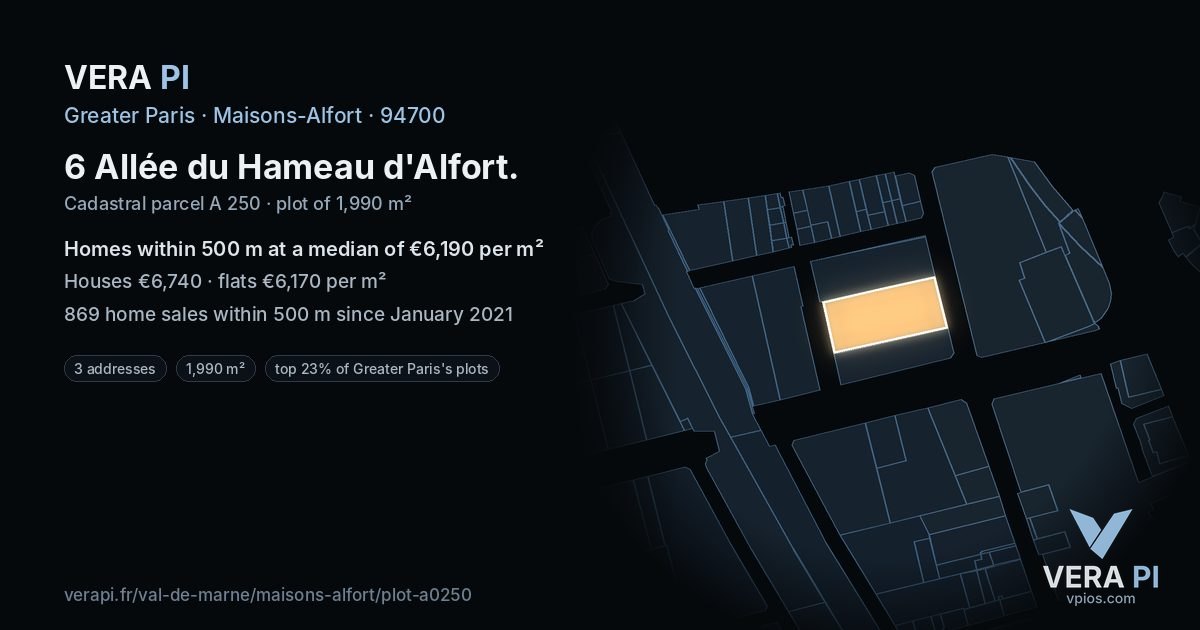 6 Allée du Hameau d'Alfort, Maisons-Alfort at night – the plot lit, the parcels around coloured by the prices near them