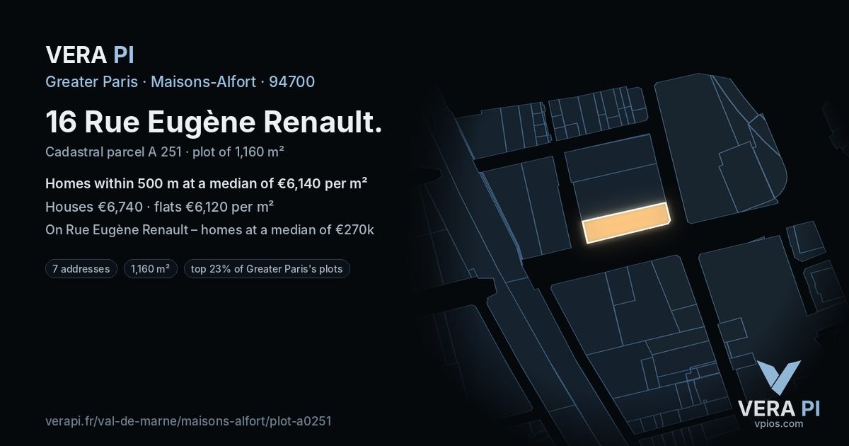 16 Rue Eugène Renault, Maisons-Alfort at night – the plot lit, the parcels around coloured by the prices near them