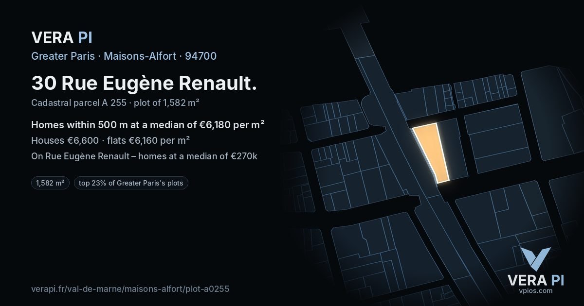 30 Rue Eugène Renault, Maisons-Alfort at night – the plot lit, the parcels around coloured by the prices near them