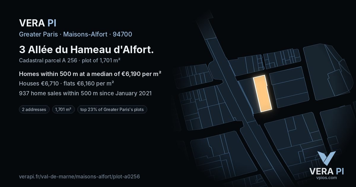 3 Allée du Hameau d'Alfort, Maisons-Alfort at night – the plot lit, the parcels around coloured by the prices near them