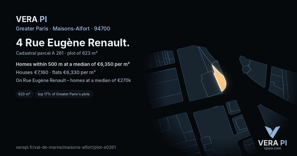 4 Rue Eugène Renault, Maisons-Alfort at night – the plot lit, the parcels around coloured by the prices near them