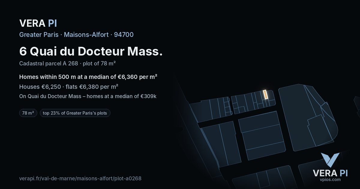6 Quai du Docteur Mass, Maisons-Alfort at night – the plot lit, the parcels around coloured by the prices near them