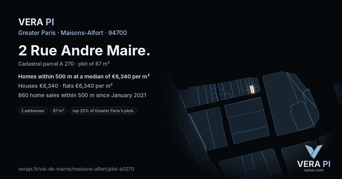 2 Rue Andre Maire, Maisons-Alfort at night – the plot lit, the parcels around coloured by the prices near them