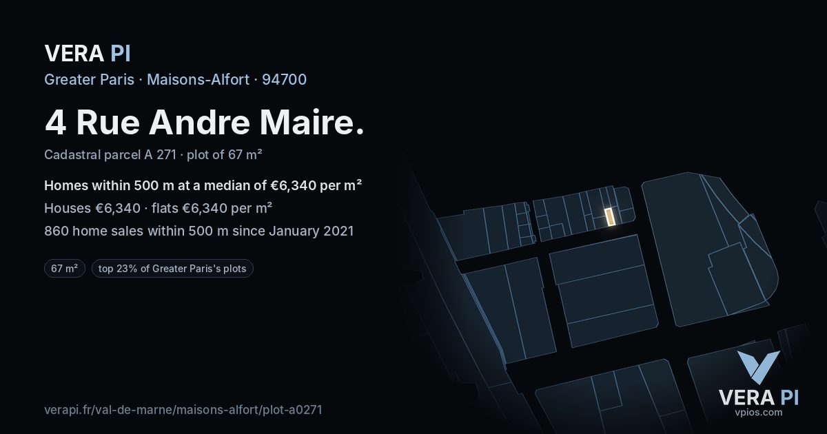 4 Rue Andre Maire, Maisons-Alfort at night – the plot lit, the parcels around coloured by the prices near them