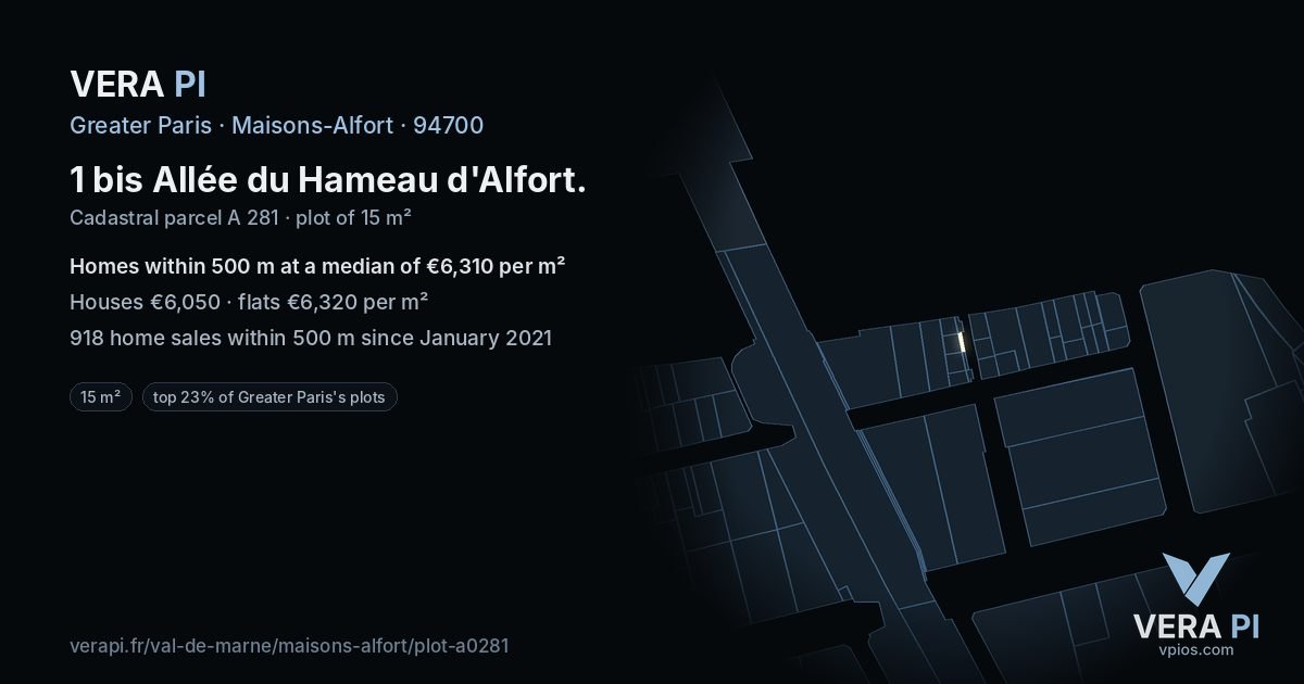 1 bis Allée du Hameau d'Alfort, Maisons-Alfort at night – the plot lit, the parcels around coloured by the prices near them