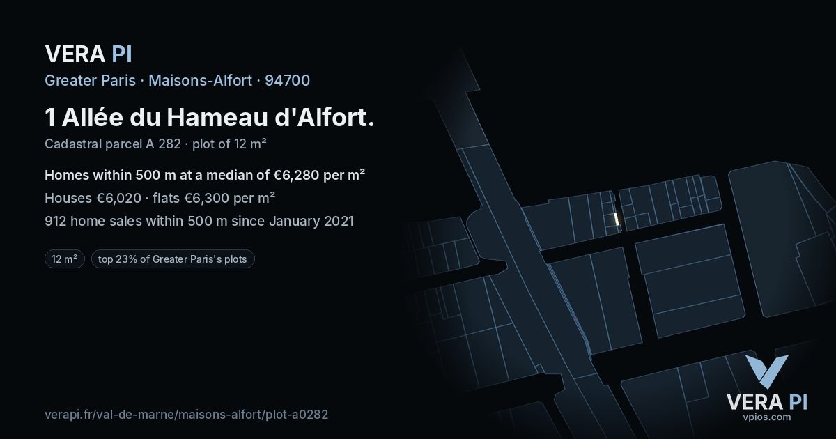 1 Allée du Hameau d'Alfort, Maisons-Alfort at night – the plot lit, the parcels around coloured by the prices near them