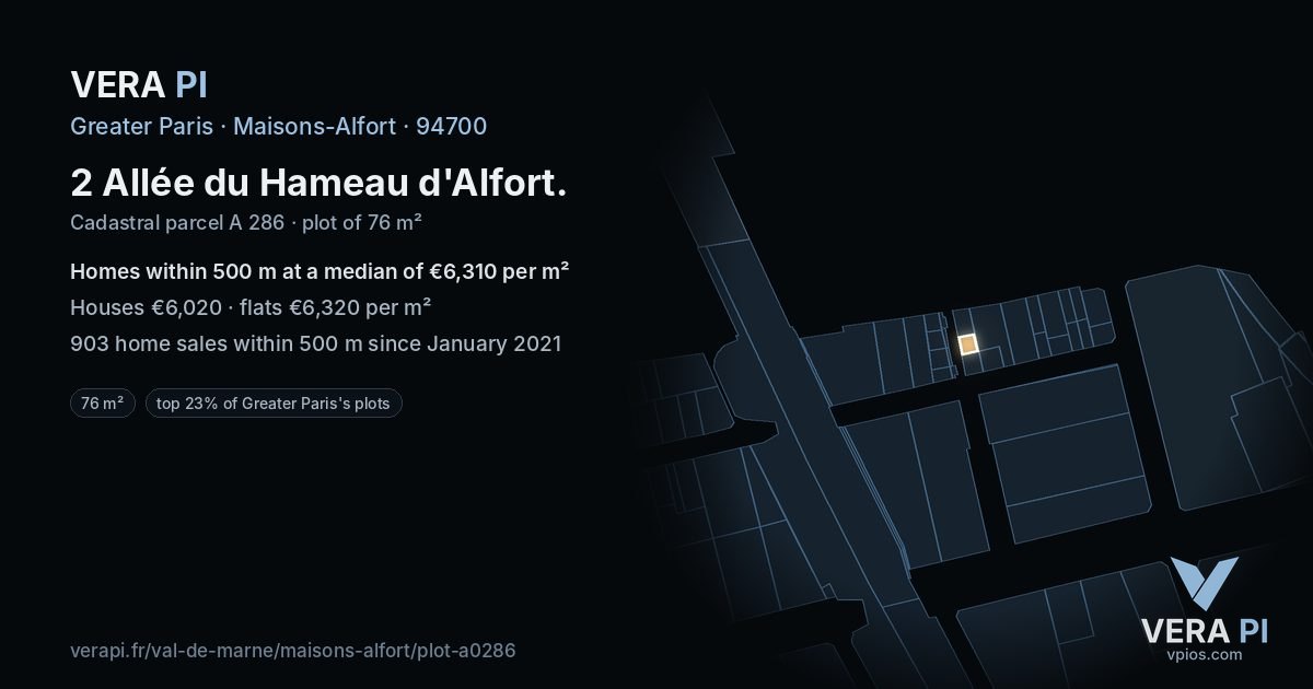 2 Allée du Hameau d'Alfort, Maisons-Alfort at night – the plot lit, the parcels around coloured by the prices near them
