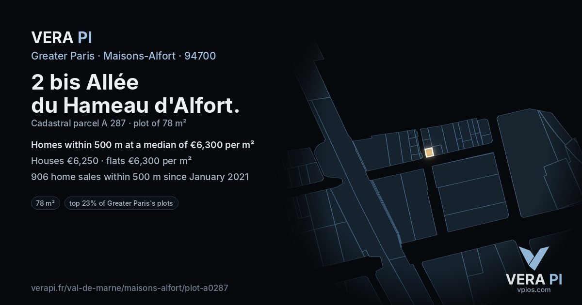2 bis Allée du Hameau d'Alfort, Maisons-Alfort at night – the plot lit, the parcels around coloured by the prices near them