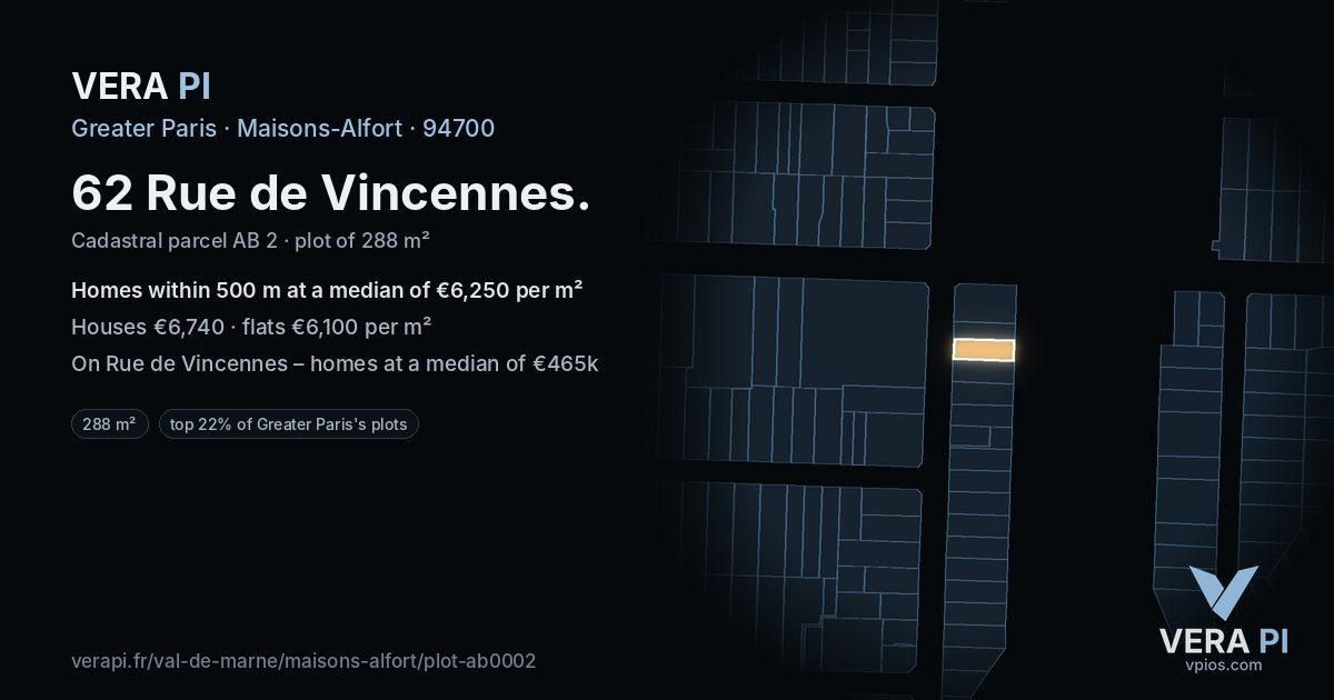 62 Rue de Vincennes, Maisons-Alfort at night – the plot lit, the parcels around coloured by the prices near them