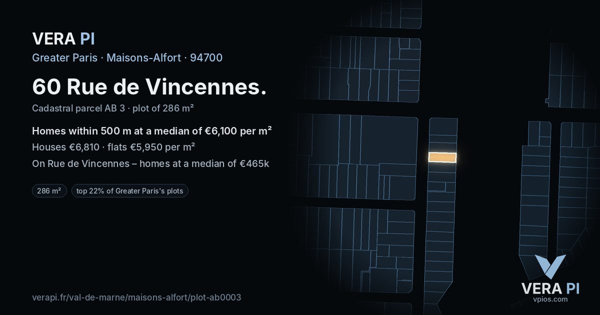 60 Rue de Vincennes, Maisons-Alfort at night – the plot lit, the parcels around coloured by the prices near them