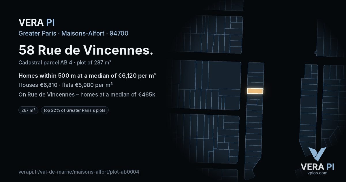 58 Rue de Vincennes, Maisons-Alfort at night – the plot lit, the parcels around coloured by the prices near them