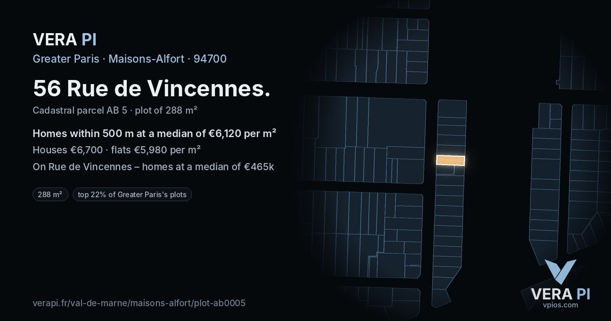 56 Rue de Vincennes, Maisons-Alfort at night – the plot lit, the parcels around coloured by the prices near them