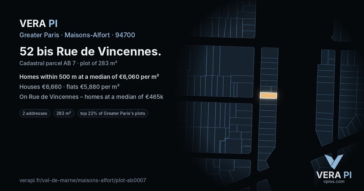 52 bis Rue de Vincennes, Maisons-Alfort at night – the plot lit, the parcels around coloured by the prices near them