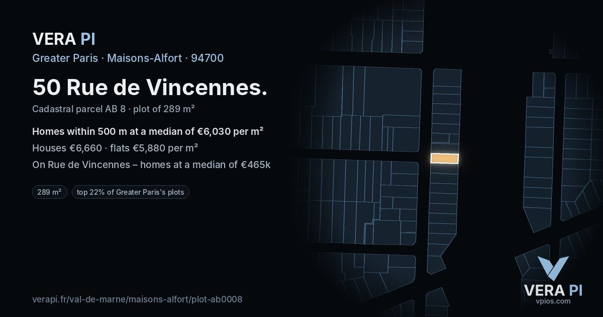 50 Rue de Vincennes, Maisons-Alfort at night – the plot lit, the parcels around coloured by the prices near them