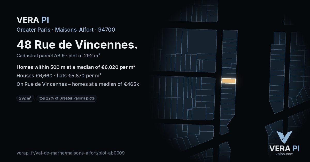 48 Rue de Vincennes, Maisons-Alfort at night – the plot lit, the parcels around coloured by the prices near them