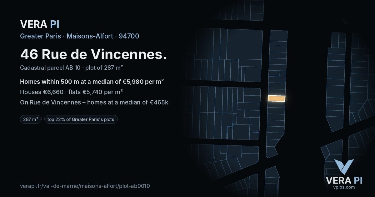 46 Rue de Vincennes, Maisons-Alfort at night – the plot lit, the parcels around coloured by the prices near them