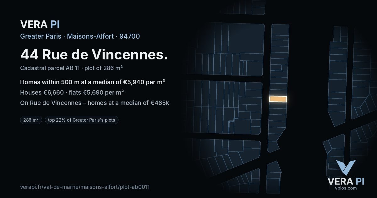 44 Rue de Vincennes, Maisons-Alfort at night – the plot lit, the parcels around coloured by the prices near them