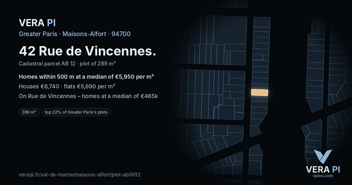 42 Rue de Vincennes, Maisons-Alfort at night – the plot lit, the parcels around coloured by the prices near them