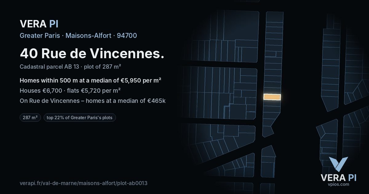 40 Rue de Vincennes, Maisons-Alfort at night – the plot lit, the parcels around coloured by the prices near them