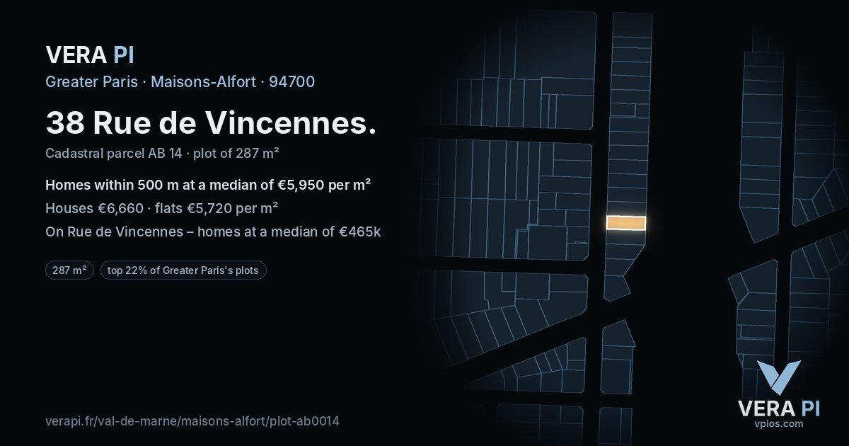 38 Rue de Vincennes, Maisons-Alfort at night – the plot lit, the parcels around coloured by the prices near them