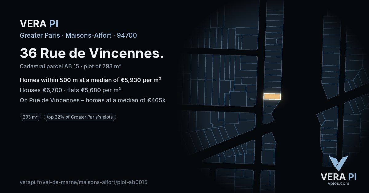 36 Rue de Vincennes, Maisons-Alfort at night – the plot lit, the parcels around coloured by the prices near them