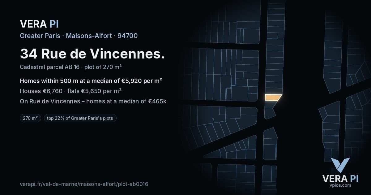 34 Rue de Vincennes, Maisons-Alfort at night – the plot lit, the parcels around coloured by the prices near them