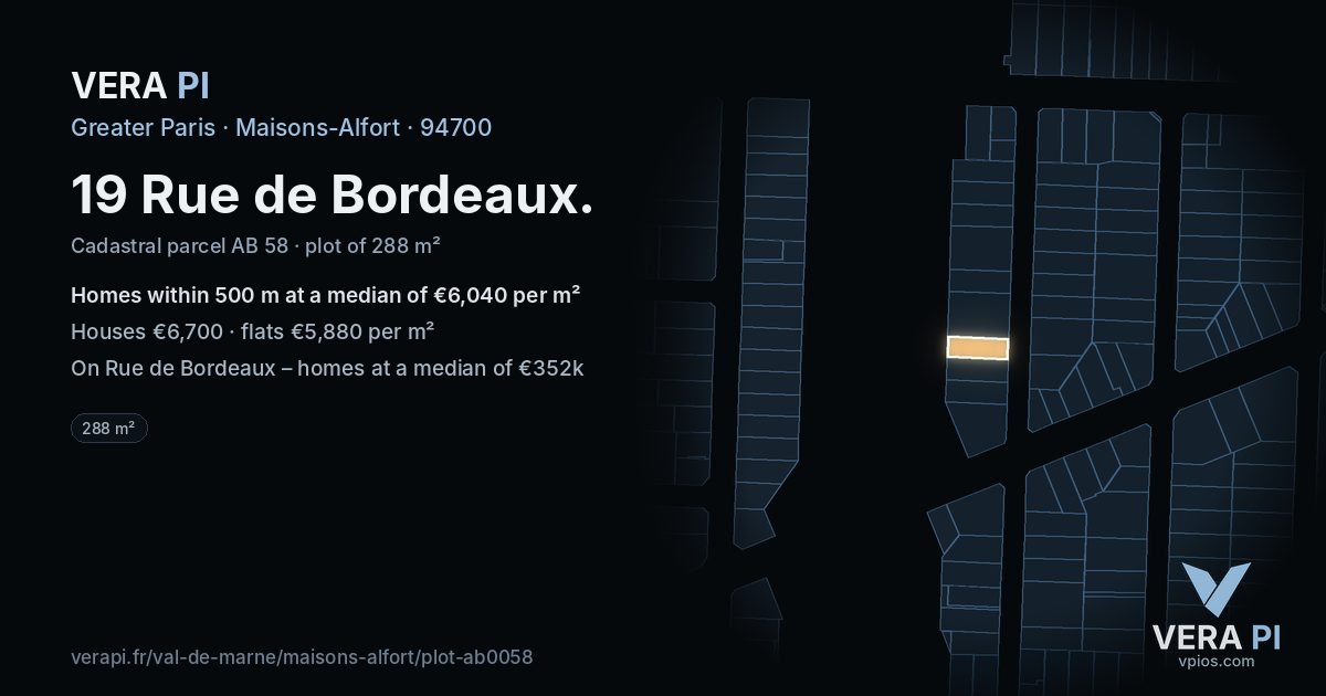19 Rue de Bordeaux, Maisons-Alfort at night – the plot lit, the parcels around coloured by the prices near them