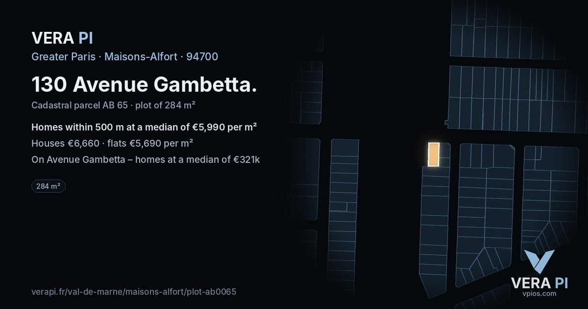 130 Avenue Gambetta, Maisons-Alfort at night – the plot lit, the parcels around coloured by the prices near them