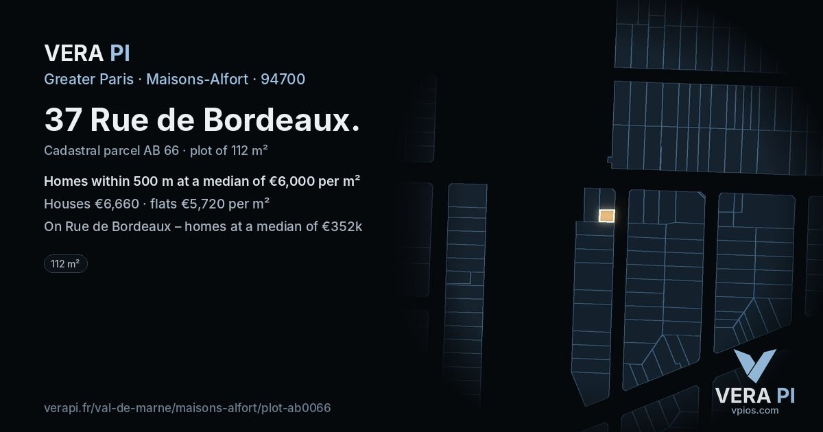 37 Rue de Bordeaux, Maisons-Alfort at night – the plot lit, the parcels around coloured by the prices near them
