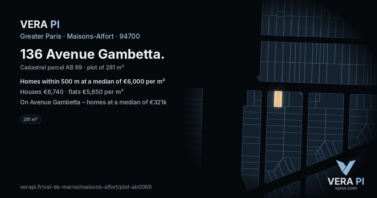 136 Avenue Gambetta, Maisons-Alfort at night – the plot lit, the parcels around coloured by the prices near them