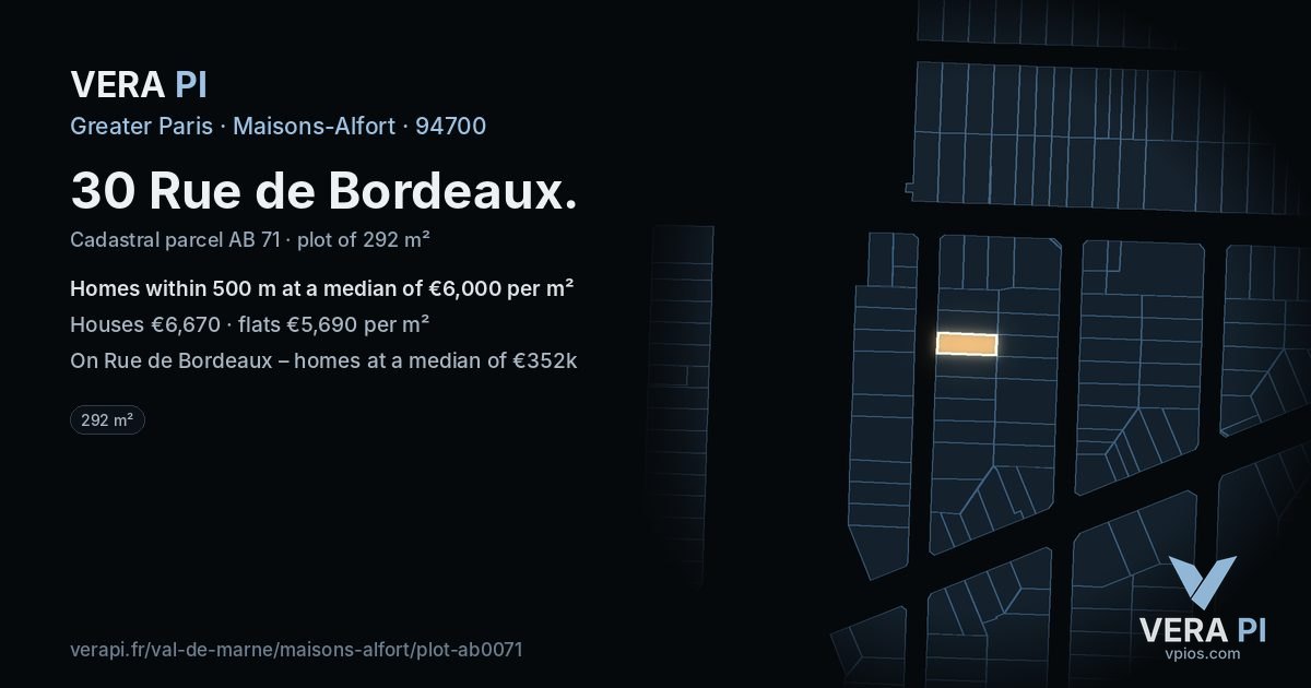 30 Rue de Bordeaux, Maisons-Alfort at night – the plot lit, the parcels around coloured by the prices near them