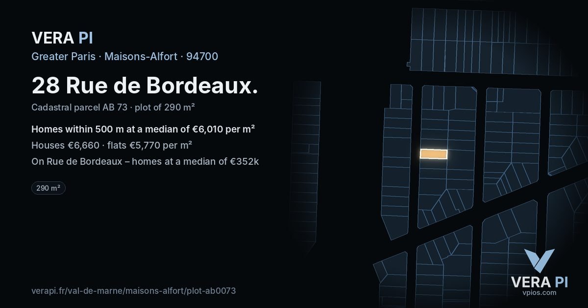 28 Rue de Bordeaux, Maisons-Alfort at night – the plot lit, the parcels around coloured by the prices near them