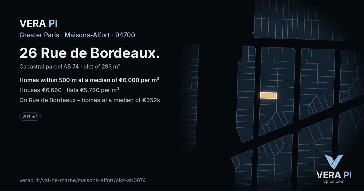 26 Rue de Bordeaux, Maisons-Alfort at night – the plot lit, the parcels around coloured by the prices near them