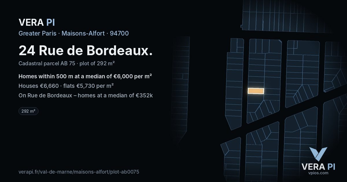 24 Rue de Bordeaux, Maisons-Alfort at night – the plot lit, the parcels around coloured by the prices near them