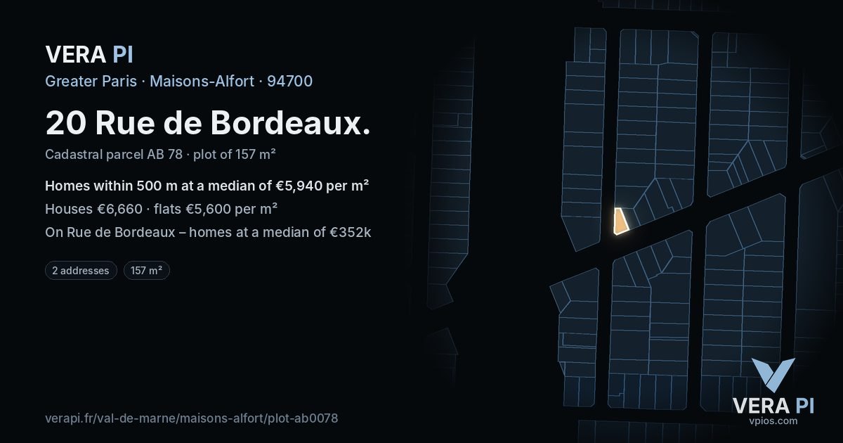 20 Rue de Bordeaux, Maisons-Alfort at night – the plot lit, the parcels around coloured by the prices near them