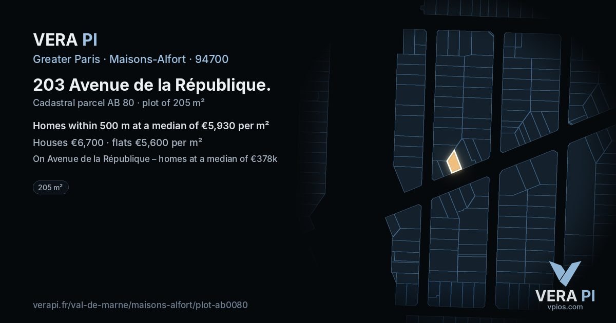 203 Avenue de la République, Maisons-Alfort at night – the plot lit, the parcels around coloured by the prices near them