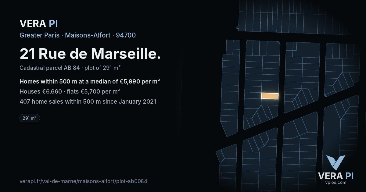 21 Rue de Marseille, Maisons-Alfort at night – the plot lit, the parcels around coloured by the prices near them