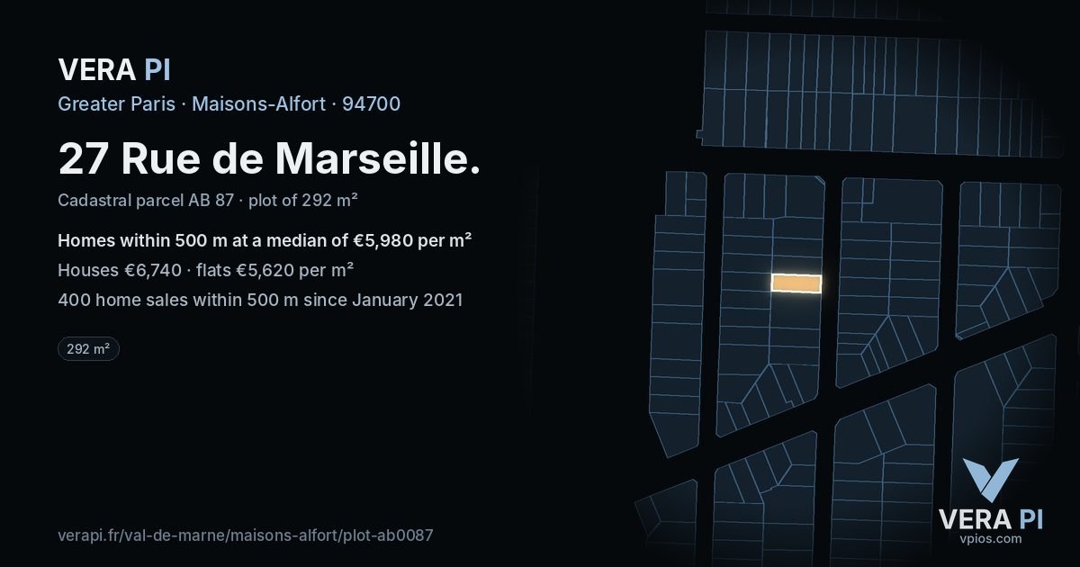 27 Rue de Marseille, Maisons-Alfort at night – the plot lit, the parcels around coloured by the prices near them