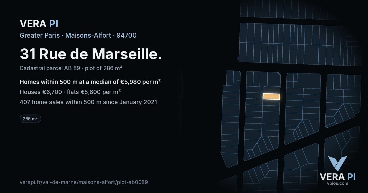 31 Rue de Marseille, Maisons-Alfort at night – the plot lit, the parcels around coloured by the prices near them