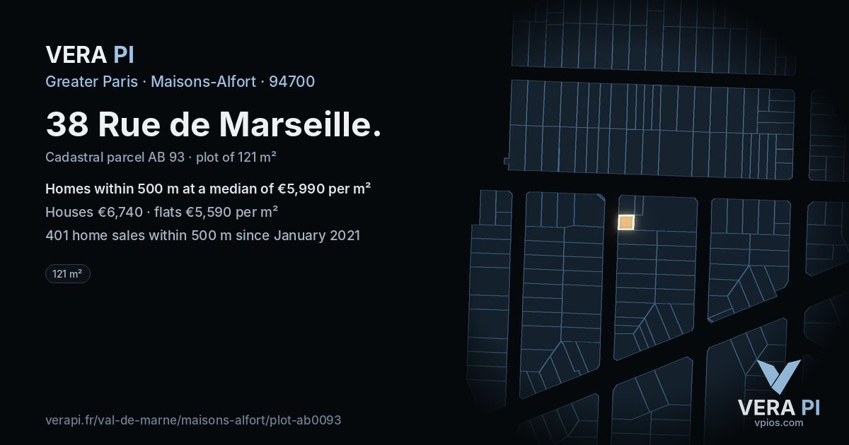 38 Rue de Marseille, Maisons-Alfort at night – the plot lit, the parcels around coloured by the prices near them