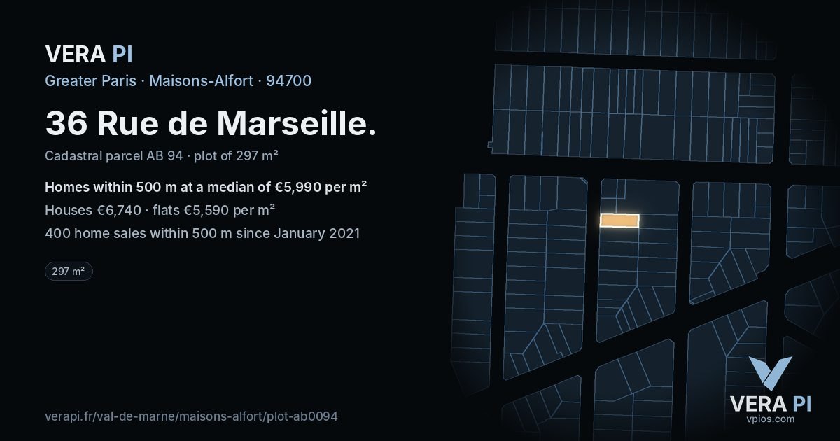 36 Rue de Marseille, Maisons-Alfort at night – the plot lit, the parcels around coloured by the prices near them