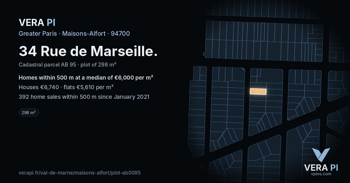 34 Rue de Marseille, Maisons-Alfort at night – the plot lit, the parcels around coloured by the prices near them
