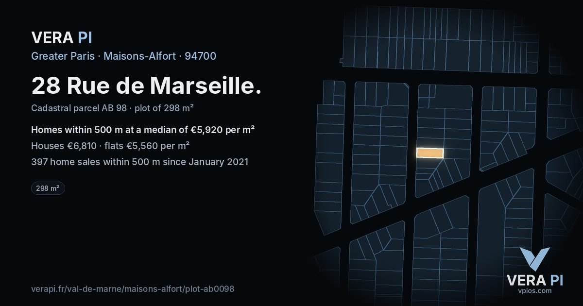 28 Rue de Marseille, Maisons-Alfort at night – the plot lit, the parcels around coloured by the prices near them
