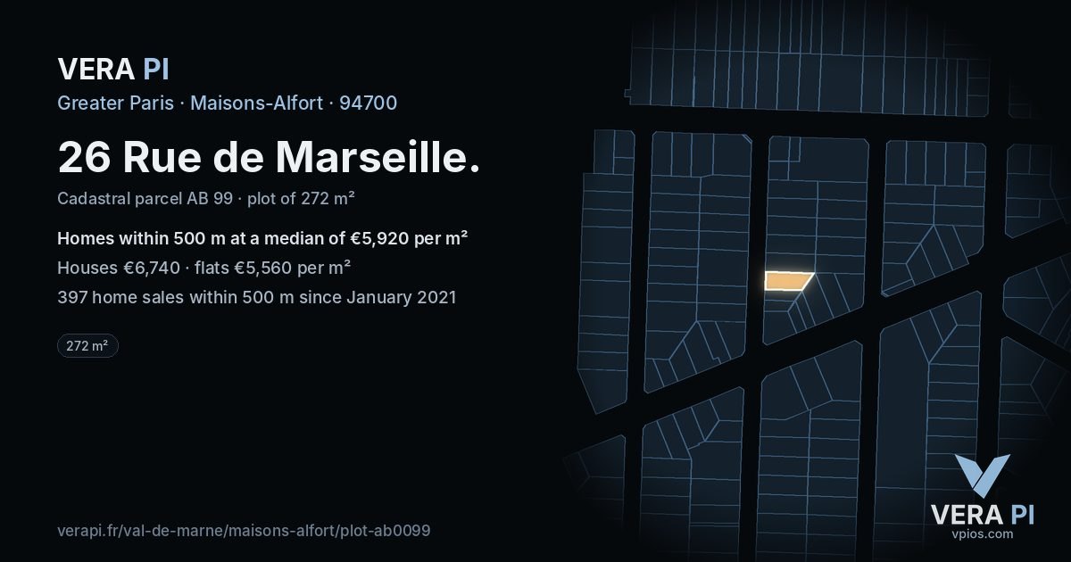 26 Rue de Marseille, Maisons-Alfort at night – the plot lit, the parcels around coloured by the prices near them